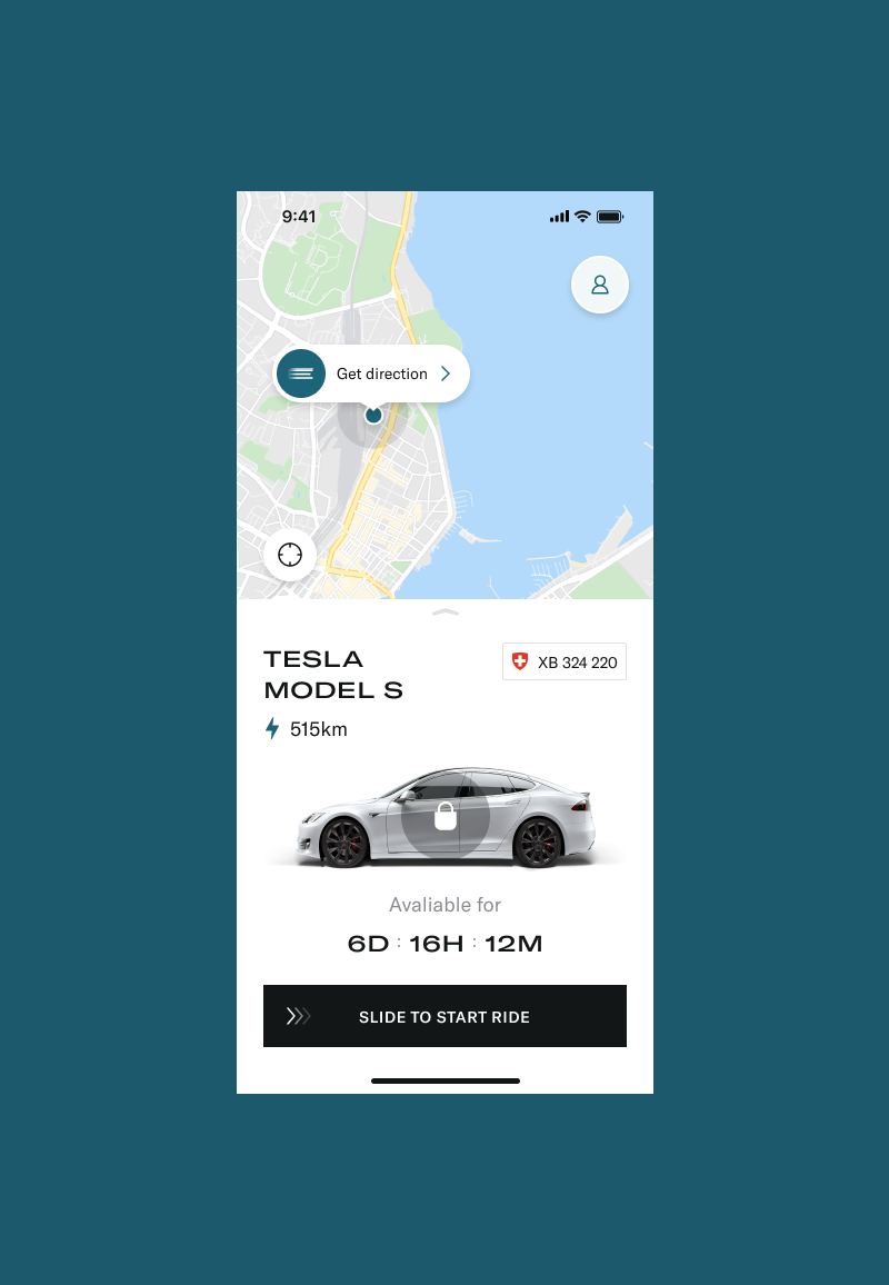 Elise app interface showing a selected car for rent along with its pick-up point on a map