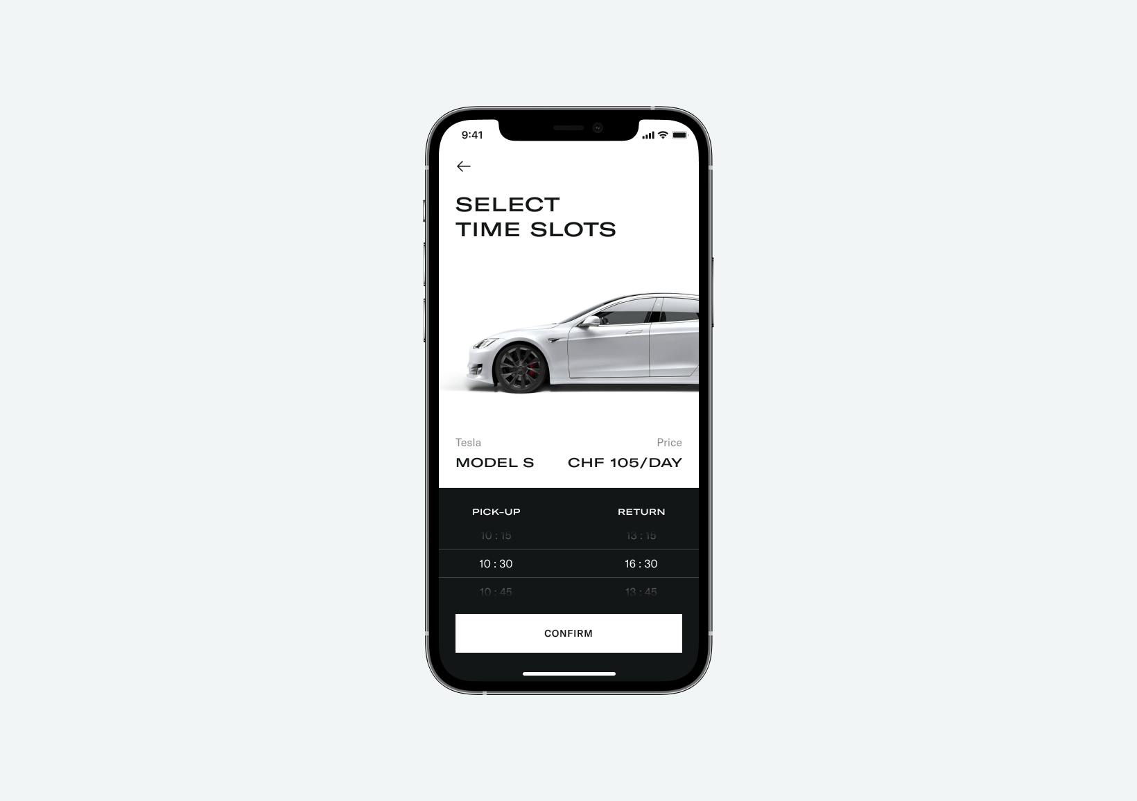 Elise app interface showing a selected car for rent along with the time slots and price