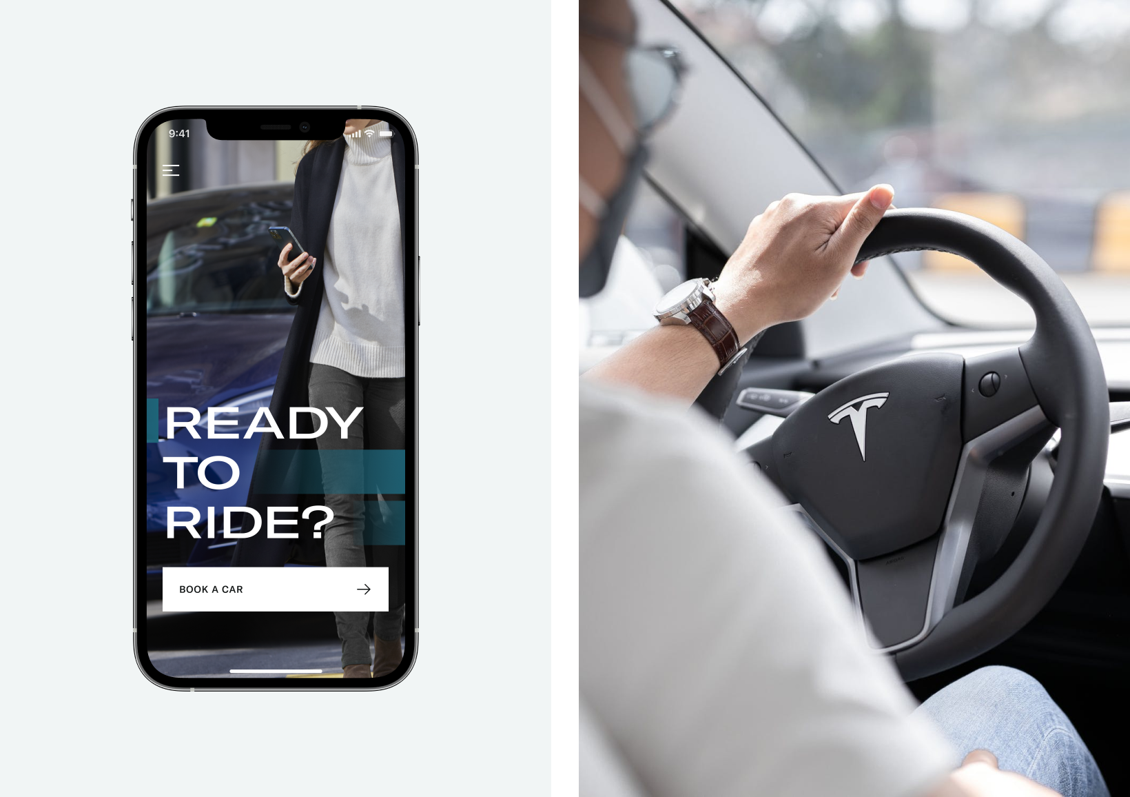 The Elise app interface shown together with a user driving a Tesla car.