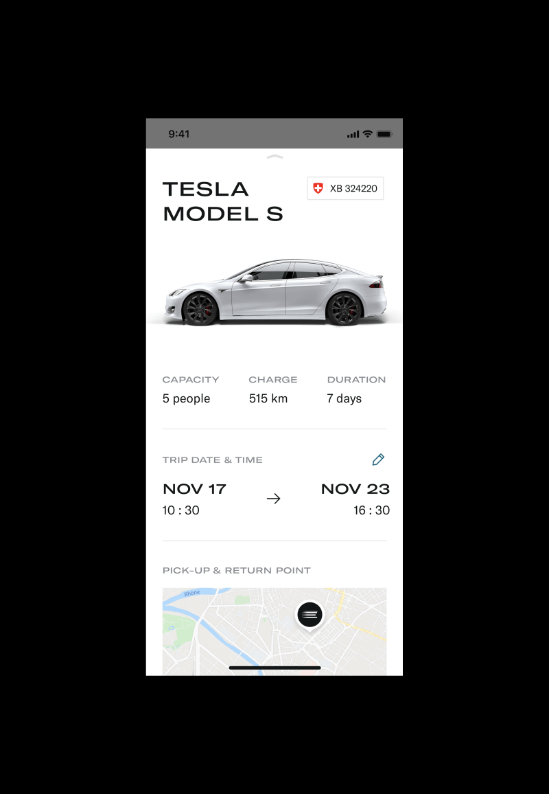 Elise app interface showing a selected Tesla car for rent, its capacity, charge and rent duration