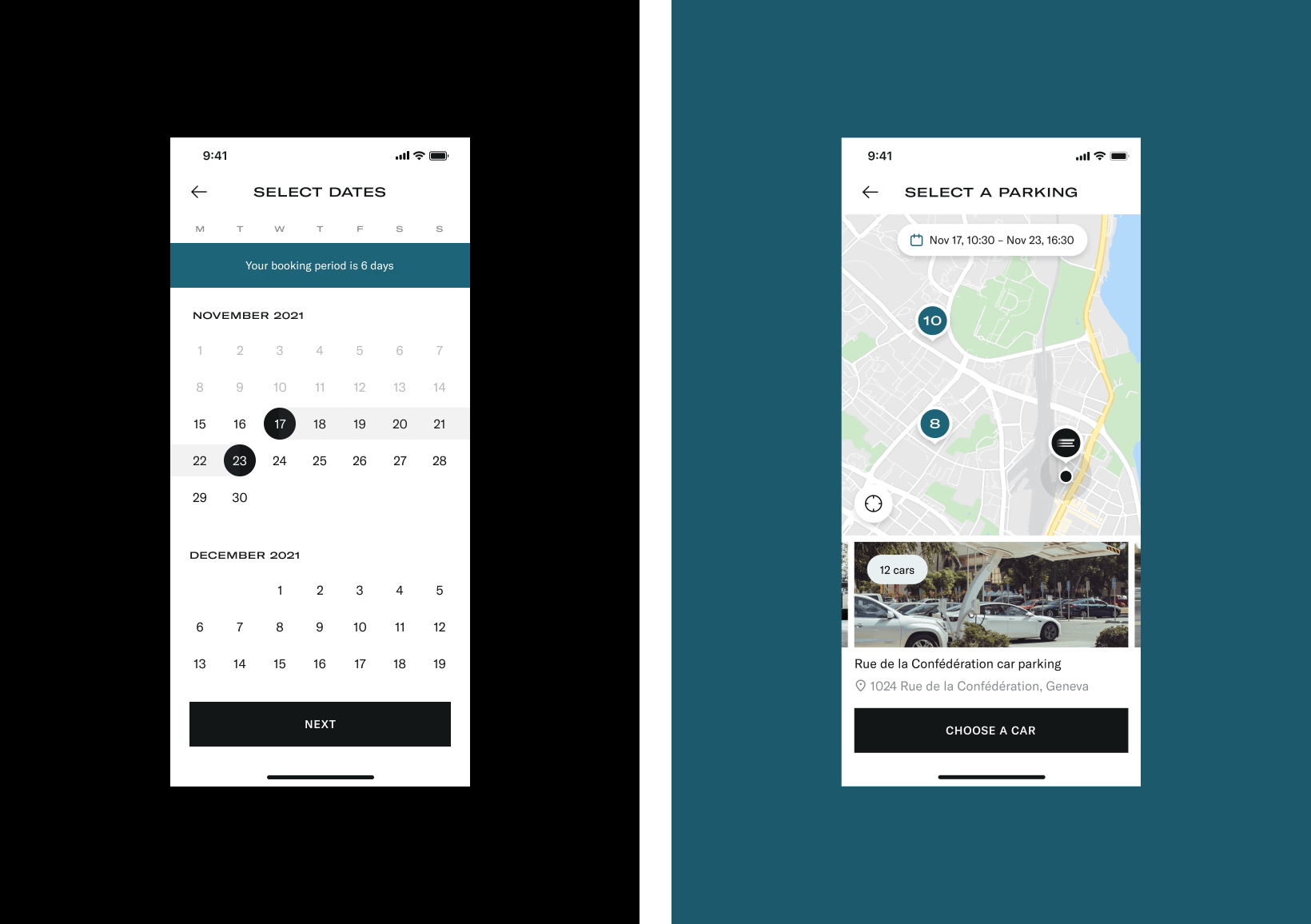Elise app interface screenshots showcasing a booking flow