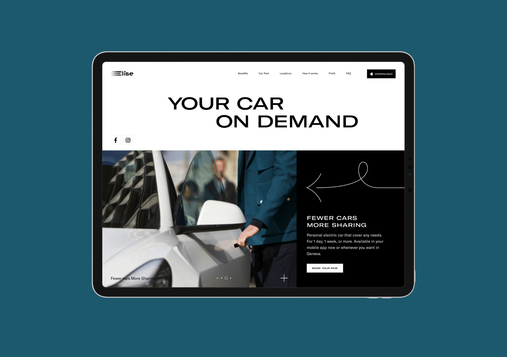 Website UI design for Elise on the dark blue background