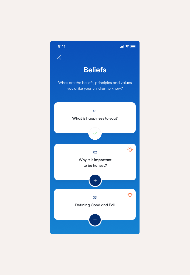 App screenshot: beliefs